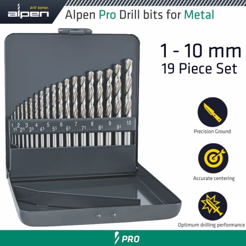 ALPEN PRO KM19 HSS-G 1 -10 X 0.5MM METAL CASE 135 SPLIT PNT SET 19 PCS