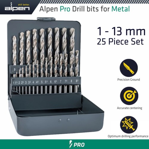 ALPEN PRO KM25 HSS-G 1 -13 X 0.5MM METAL CASE 135 SPLIT PNT SET 25 PCS