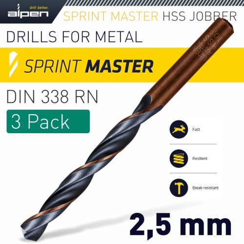 HSS SPRINT MASTER  2.5MM X3 SLEEVED DIN338 ALPEN DRILL BIT