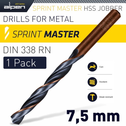 HSS SPRINT MASTER  7.5MM X1 SLEEVED DIN338 ALPEN DRILL BIT