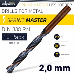 HSS SPRINT MASTER 2.0MM 10-PACK HANG TAG DIN 338 ALPEN DRILL BITS