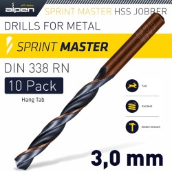 HSS SPRINT MASTER 3.0MM 10-PACK HANG TAG DIN 338 ALPEN DRILL BITS