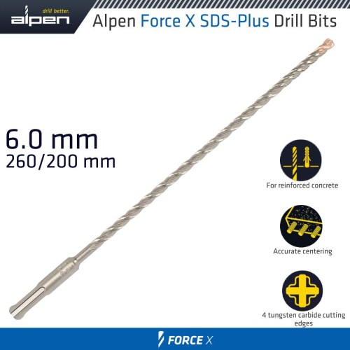 FORCE X 6.0 X 260/200 SDS-PLUS DRILL BIT X4 CUTTING EDGES