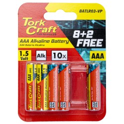 BATTERY AAA 1.5V VALUE PACK 10 PACK 8 + 2 FREE CARDED ALKALINE