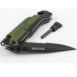 KNIFE SURVIVAL GREEN WITH LED LIGHT & FIRE STARTER IN DOUBLE BLISTER