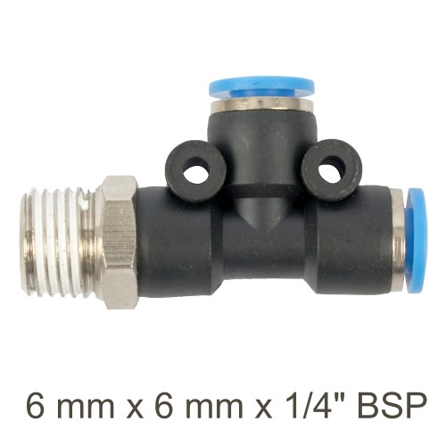 PU HOSE FITTING TEE 6MM X 6MM X 1/4"M