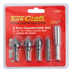 COUNTERSINK SET 5PCE SET CARBON (8,12,16,19MM C/W HEX SHANK ADAPTOR)