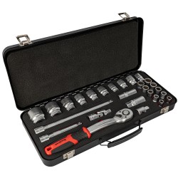 SOCKET & RATCHET SET 27PC 1/2" DR CRV 12 POINT METAL CASE