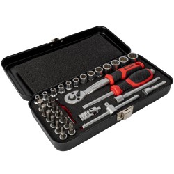 SOCKET & RATCHET SET 34PC 1/4" DR CRV 12 POINT METAL CASE